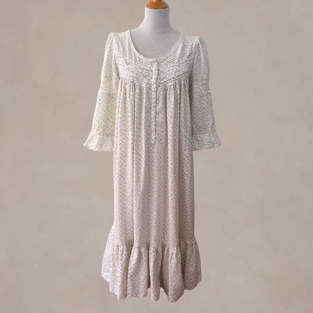 Vintage 80s Body Drama Cotton Floral Prairie Nightgown House Dress Lace L